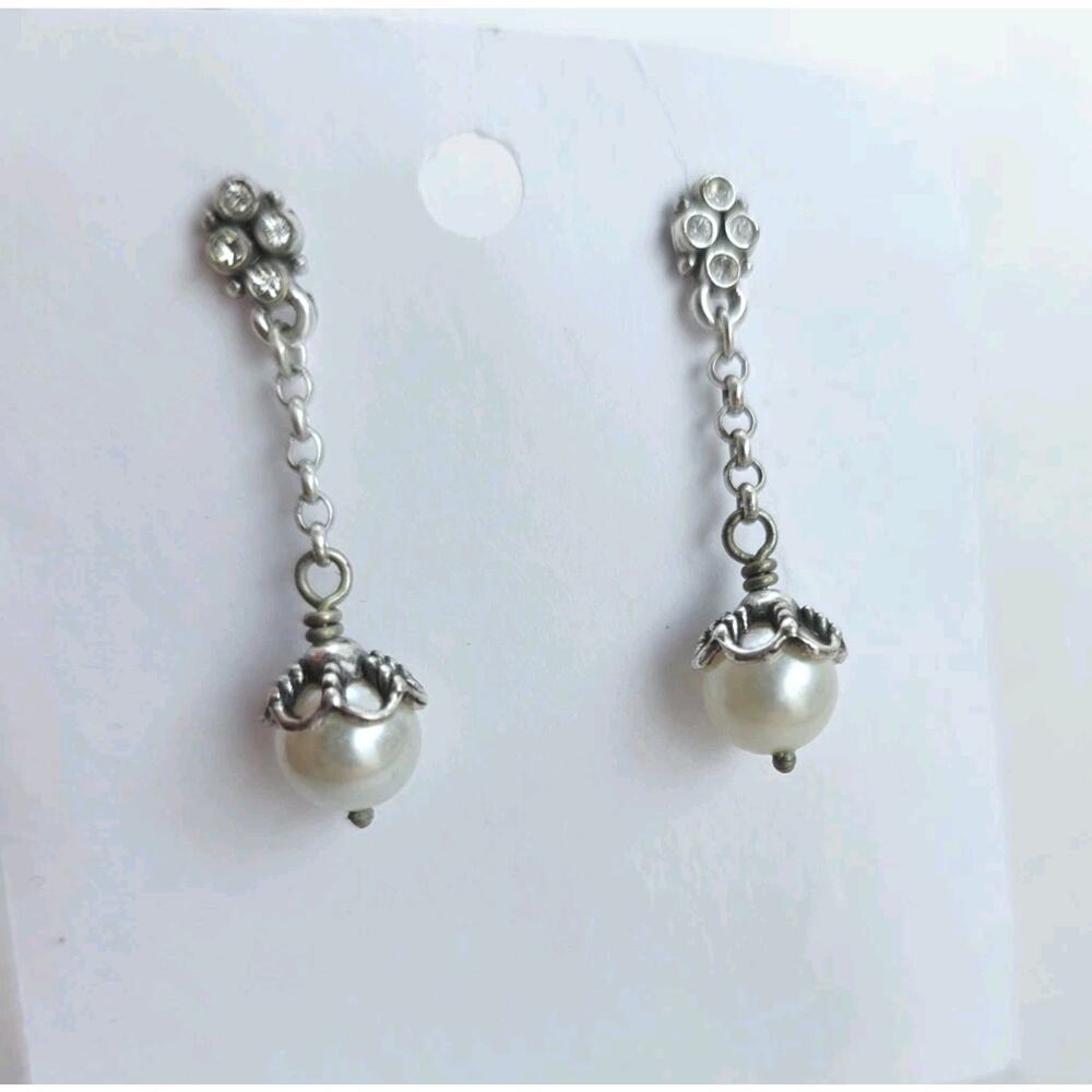 Sterling Silver Dangle Post Earrings White Silver White Faux Pearl Stamped 925